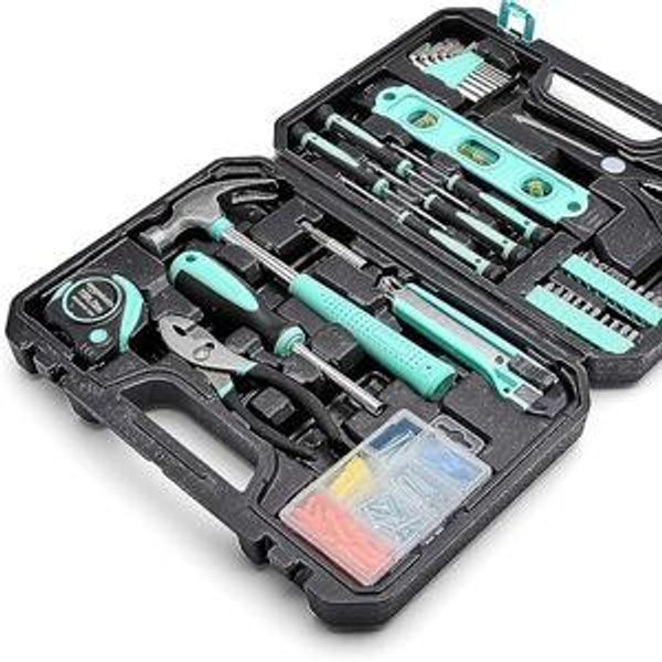 Amazon Basics 142-Piece Household Tool Kit for Home Repair, Hand Tools with Storage Case, 13.39 x 9.25 x 2.95 inch, Turquoise