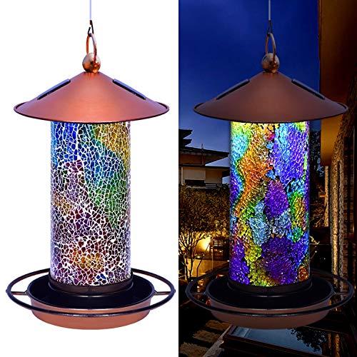 Solar Bird Feeder for Outside - Mosaic Copper Outdoor Hanging Lantern, Solar Powered Hanging Birdfeeder with Hook for Wild Birds, Unique Bird-Gifts for Mom
