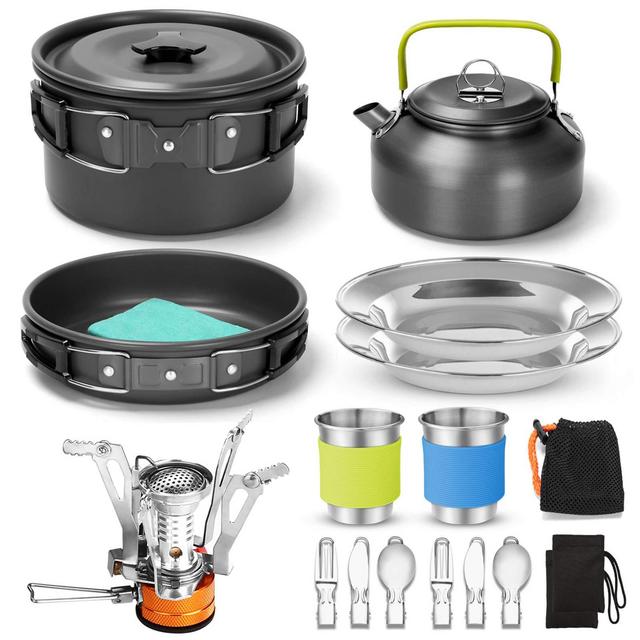 Odoland 16pcs Camping Cookware Set with Folding Camping Stove, Non-Stick Lightweight Pot Pan Kettle Set with Stainless Steel Cups Plates Forks Knives Spoons for Camping Backpacking Outdoor Picnic