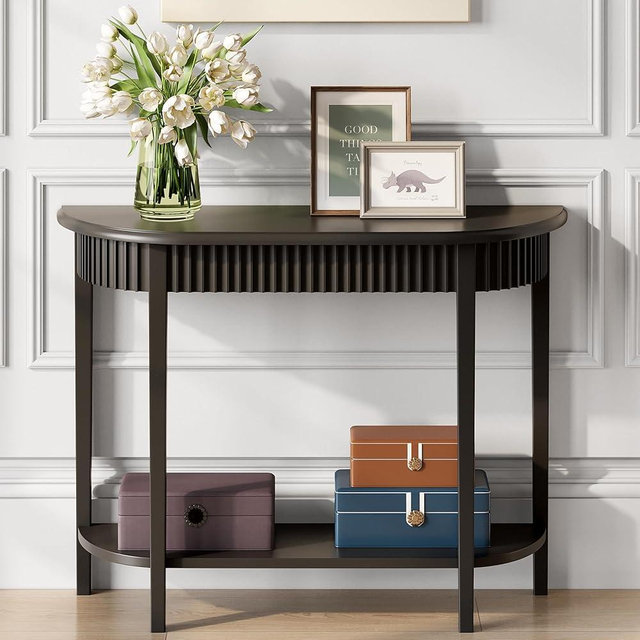 JIAWORLDER Black Half-Moon 2-Tier Console Table for Entryway, Living Room, Hallway