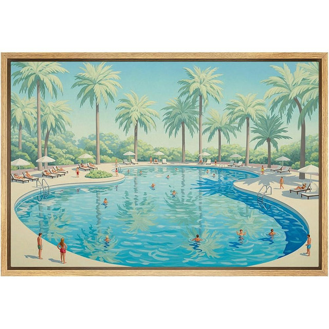 SIGNFORD Framed Canvas Print Wall Art Palm Tree Resort Pool Scene Retro Summer Vacation Landscape Illustrations Modern Art Decorative Boho Relax/Zen for Living Room, Bedroom, Office - 24x36 Natural
