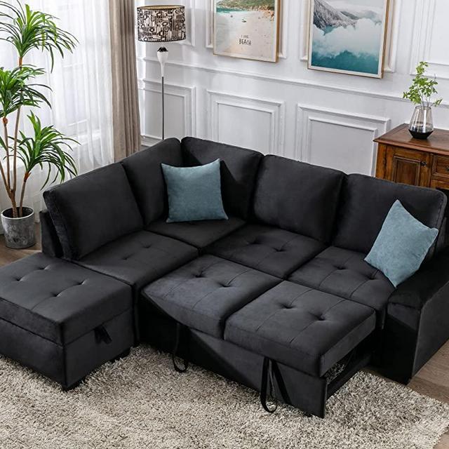 Merax 86” Velvet Reversible Sectional Couch with Pull-Out Sleeper, L-Shape Corner Sofa Bed with Hidden Arm Storage & Ottoman, Black