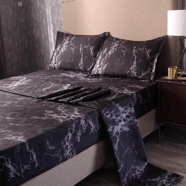 Blckmanba 4Pcs King Bed Sheets Set, Black Marble Fitted Sheets Set, Soft Flat Sheet with 2 Pillowcase,Luxury Hotel Bed Sheets (King, Black)