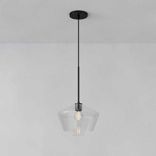 Sculptural Pendant Matte Black Clear Glass Geo (14")