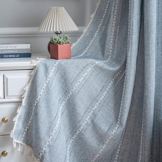 ColorBird Boho Curtains for Bedroom, 96 inch Blue Striped Room Darkening Linen Curtains & Drapes, 2 Panels Embroidered Window Curtain Panels for Dining Living Room Nursery Doorways