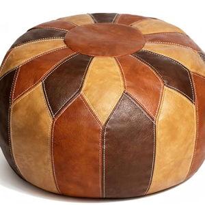 Thgonwid Unstuffed Moroccan Faux Leather Pouf Ottoman with Storage - Handmade Boho Chic Multi-Use Footrest for Living Room, Bedroom, Patio - Round Ethnic Floor Cushion & Decorative Accent, Tricolor