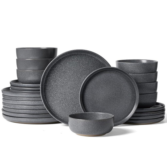 Famiware Milkyway Plates and Bowls Sets, 24 Pieces Dinnerware Sets, Reactive Glaze Dish Set, Stoneware Dishes Set for 8, Matte Dark Charcoal