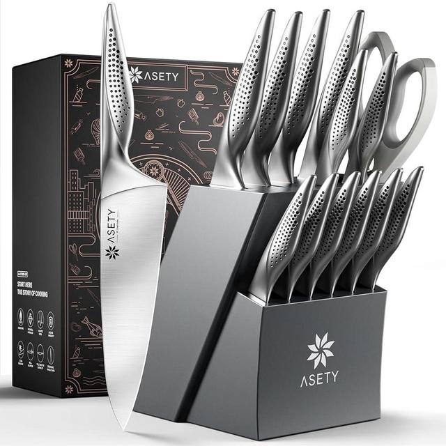 Kitchen Knife Sets with Block - Ultra Sharp Knives set for Kitchen, 15 PCS Stainless Steel Knife Set with Built-in Sharpener, Ergonomic Non-Slip Handle, Elegant Box for Men Women