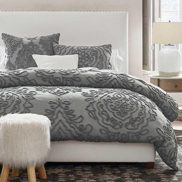 Renee Candlewick Sateen Duvet Cover, Full/Queen, Gray