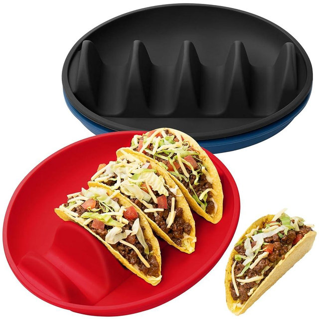 3Pack Silicone Taco Plates with Metal Reinforced Frame, AODISTUCE Silicone Taco Holders with 4 Dividers, Reusable Taco Shell Holder Taco Tray Taco Bar Serving Set for Party Taco Night, Dishwasher-Safe