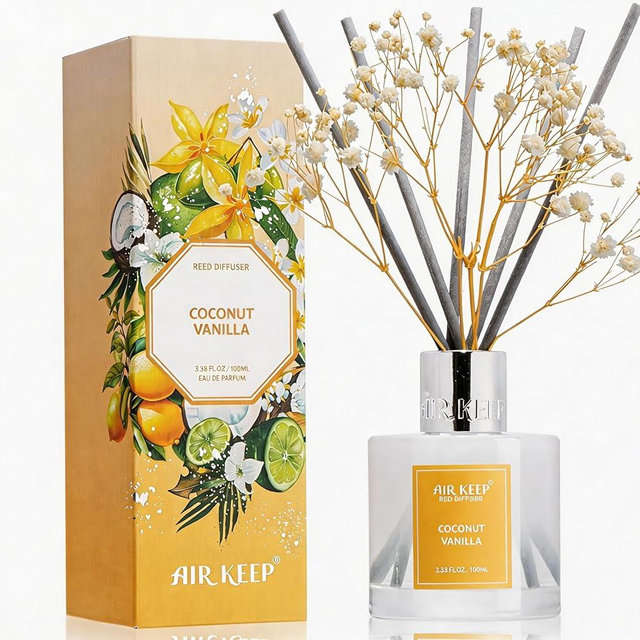 Airkeep Reed Diffuser Set,3.38 fl oz (100 ml) - Coconut Vanilla Oil Diffusers with 8 Reed Sticks, Home Fragrance Reed Diffuser for Bathroom Shelf Decor