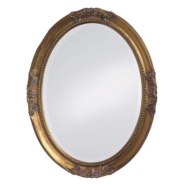 Howard Elliott Queen Ann Oval Hanging Wall Mirror, Beveled, Vanity, Antique Gold Leaf, 25 x 33 Inch
