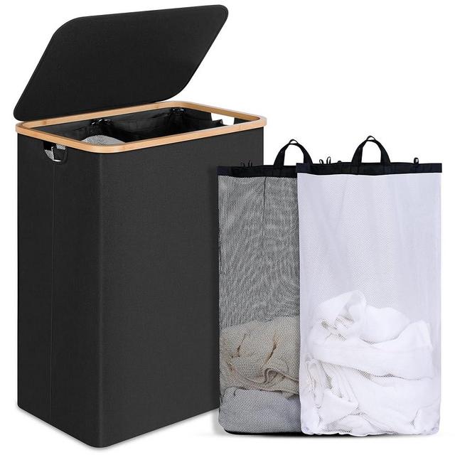 efluky Laundry Hamper with Lid, 160L Tall Laundry Basket with Bamboo Handles for Clothes and Toys, Collapsible Laundry Hamper with 2 Inner Bags for Bedroom and Bathroom, Black