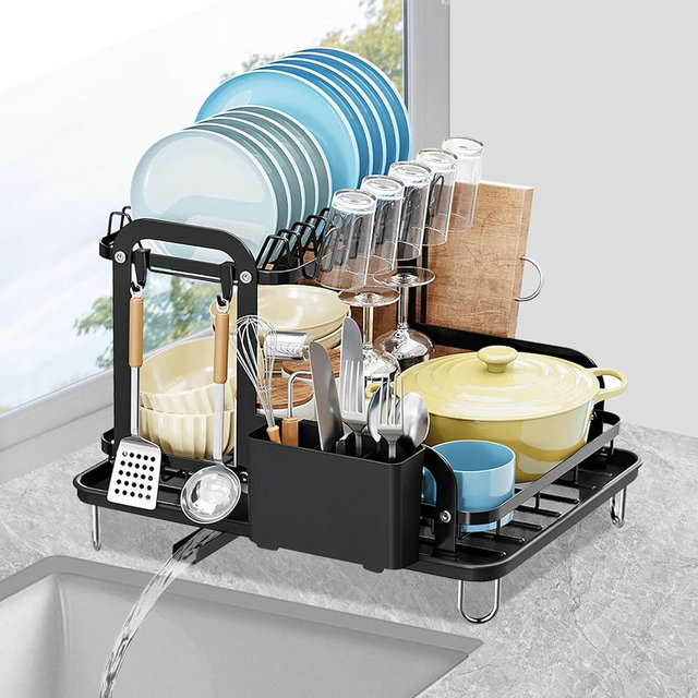 TeqHome Dish Drying Rack,Carbon Steel Dish Racks for Kitchen Counter, Space Saving Rustproof Large 2-Tier Dish Drainers Strainer with Drainboard, Utensil Holder, Cups Holder,Detachable,Black