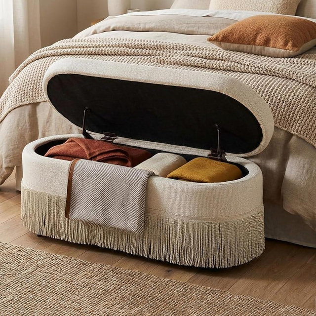 39.4“ Boho Storage Ottoman Bench with Tassels, Linen Upholstered Ottoman with Storage, Oval End of Bed Bench, Entryway Foot Rest for Bedroom, Lift-Top Lid with Safety Hinge, Living Room, Beige