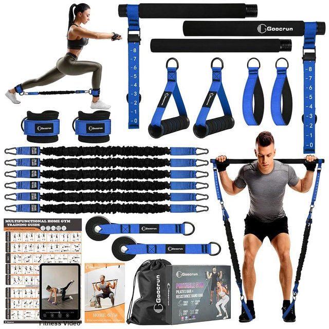 Goocrun Portable Pilates Bar Kit with Resistance Bands for Men and Women - 3 Set Exercise Resistance Bands - Multifunctional Home Gym - Supports Full-Body Workouts – with Fitness Poster and Video