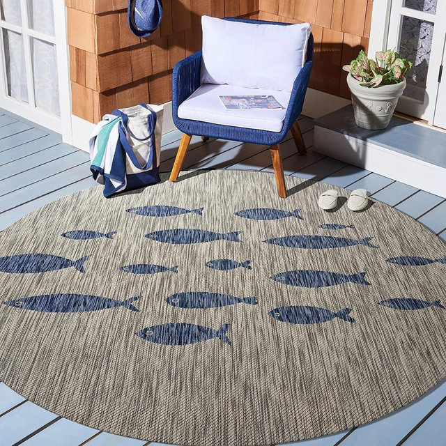 LR Home Fish Outdoor Area Rug for Home Decor, Carpet for Deck, Patio, Garden, Farmhouse Rug, 8ft Round, Gray/Navy