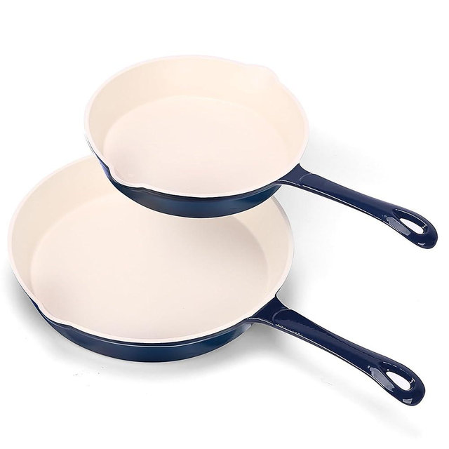 Hisencn Pans set,8 & 9.5 Inch Ceramic Cast Iron Pans Set Nonstick,Nonstick Frying Pan Set Without PFAS & PTFE & PFOA,Dishwasher & Oven Safe,Enameled Cast Iron Skillets For Gas/Electric Stovetop，blue