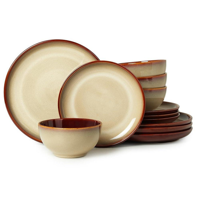 Pokini Stoneware Dinnerware Sets, Ceramic Plates and Bowls Set, Microwave & Dishwasher Safe Kitchen Dish Set, Modern Dinner Salad Plates | Cereal Bowls for 4, Dishware Sets Brown Yellow