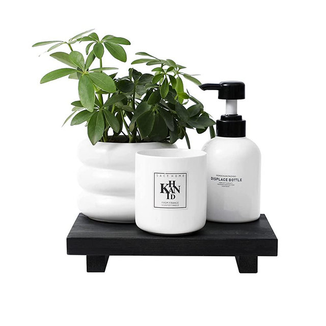 Wood Decorative Tray Pine Wood Pedestal Stand for Bathroom Counter Decor, Kitchen Sink, Rectangular Farmhouse Soap Dish Holder Vanity Tray for Rustic Candle Plant Bottles Display, Retro Black