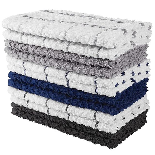 CRAFTSWORTH Kitchen Towels, 15 x 26 Inches, Pack of 12, 100% Ring Spun Cotton, Solid & Check Multicolor Dish Towels Super Soft and Absorbent, Tea Towels and Bar Towels
