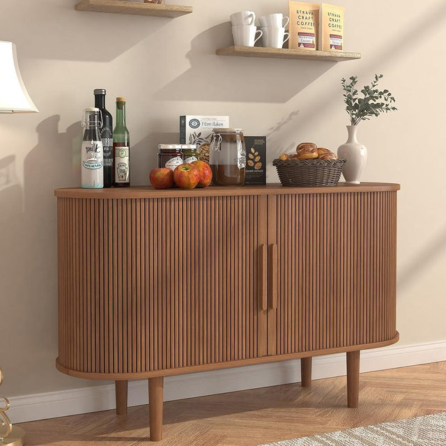 BOMETAO 47'' Sideboard Tambour Storage Cabinet, Buffet Cabinet with Storage, Storage Cabinet with Tambour Sliding Doors and Handles, Fluted Buffet Cabinets for Kitchen, Living Room, Walnut