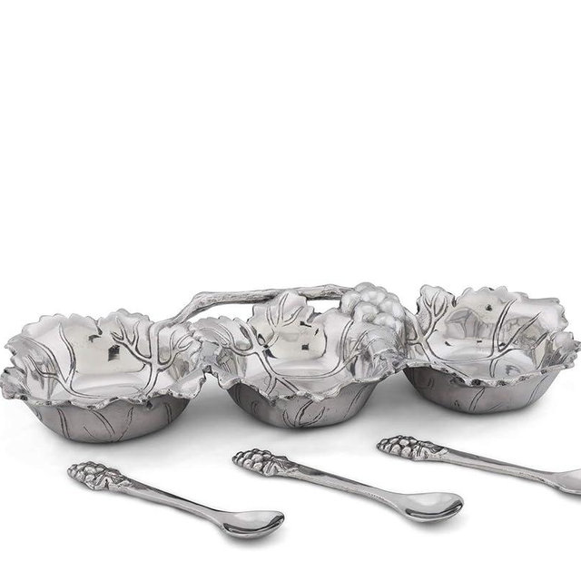 Arthur Court Designs Aluminum 3 Bowl Grape Condiment Server with serving spoons 13 inch across