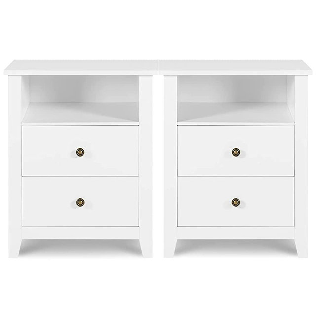 Vikiullf White Nightstands with Drawers - Set of 2 Modern Bedroom Night Stands, Wood Bedside Tables with 2 Storage Drawers and Open Shelf, 23.8”H
