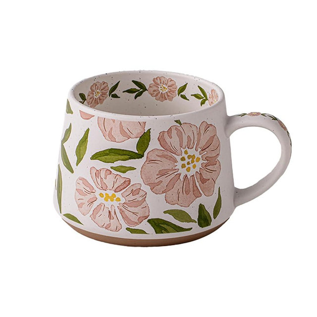 QIXCOZTI Large Ceramic Coffee Latte Mug, Cute Cup for Women, Ideal for Green Tea or Coffee,Hand Painted Floral Design Pottery Mug (Pink Flower)