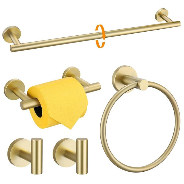 5 Pieces Brushed Gold Round Towel Bar Set Bathroom Hardware Accessories Set Upgraded Toilet Paper Holder Towel Holder Set for Bathroom Stainless Steel Wall Mounted 23.6 in