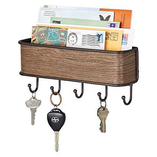 mDesign Wall Mount Metal Mail Organizer Storage Basket - 5 Hooks - for Entryway, Mudroom, Hallway, Kitchen, Office - Holds Letters, Magazines, Coats, Keys - Bronze/Walnut Wood Finish