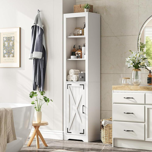 Maupvit 5-Tier Slim Tall Bathroom Cabinet with Storage & Adjustable Shelf, 67" H Farmhouse Cabinet with Doors, Floor Kitchen Cabinet, Space-Saving Narrow Cabinet for Bathroom, Kitchen, Living Room