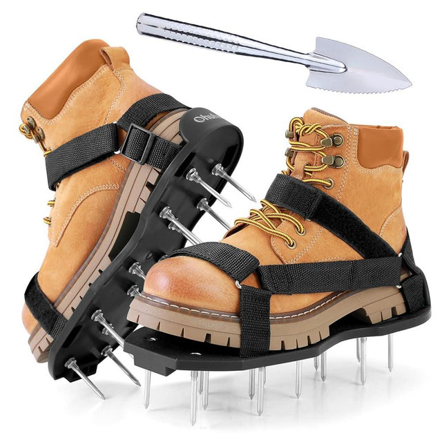 Ohuhu Lawn Aerator Shoes with Stainless Steel Shovel, Free-Installation Aerating Shoe with Hook&Loop Straps, Heavy Duty One-Size-Fits-All Spiked Aerating Sandals for Garden Grass