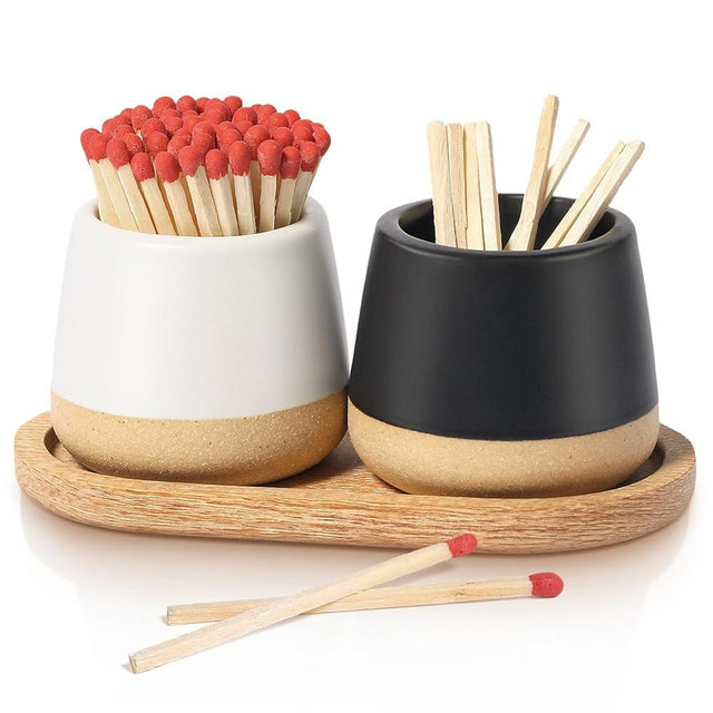 Matches in a Jar with Striker for Cute and Fancy Matches - Set of 2 Ceramic Match Holder with Striker Match Container Tray Matchstick Holder for Kitchen Bathroom Candle Parlor Modern Home Decor