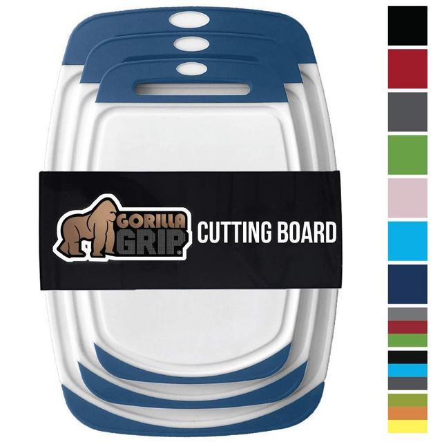 GORILLA GRIP Original Reversible Cutting Board (3-Piece), BPA Free, Dishwasher Safe, Juice Grooves, Larger Thicker Boards, Easy Grip Handle, Non-Porous, Extra Large, Kitchen (Set of Three: Blue)