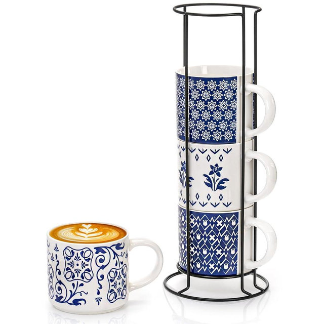 Eorbow 4 Pack Ceramic Coffee Mug Set with Rack, 16 OZ Stackable Cappuccino Cups with Metal Stand, Blue and White Porcelain Tea Mugs for Latte, Americano, Milk, Hot Cocoa, Beverages, Microwave Safe