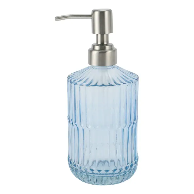 Unique Bargains Classic Vertical Lines Soap Pump Dispenser 450ml 1 Pc Clear Blue, Silver Tone