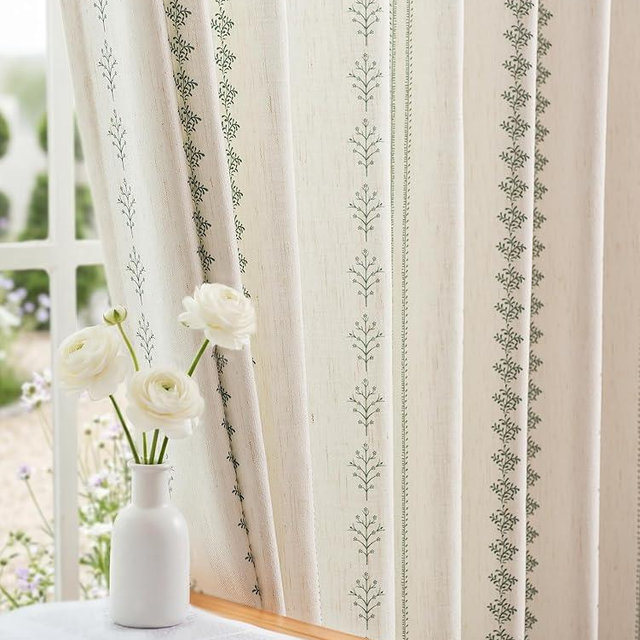 THREE GIRLS Pinch Pleated Sage Green Floral Block Print Curtains 108 Inches Long, Vintage Boho Linen Blend Drapes for Bedroom Living Room, 2 Panels Set