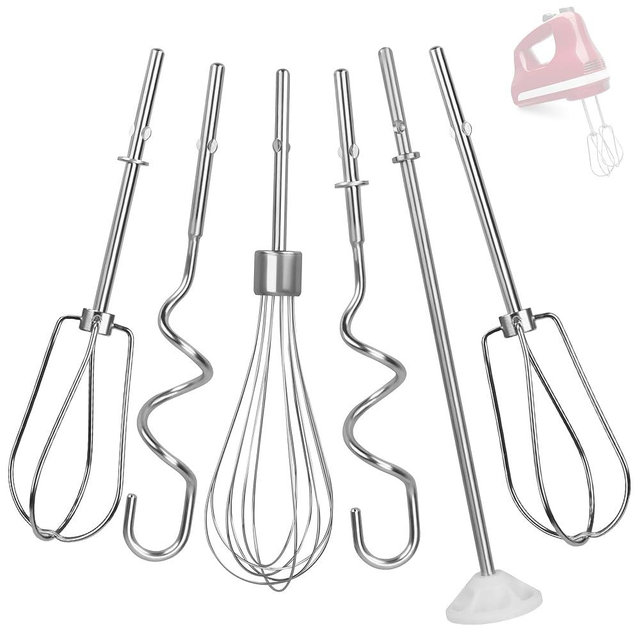 Hand Mixer Attachments Compatible with KitchenAid Hand Mixer KHM3 KHM5 KHM7 KHM9, Hand Mixer Turbo Beaters for Kitchenaid, with Whisk, Dough Hooks and Blending Rod Replacement (6 Pack)