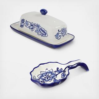 Blue Garden Butter Dish & Spoon Rest