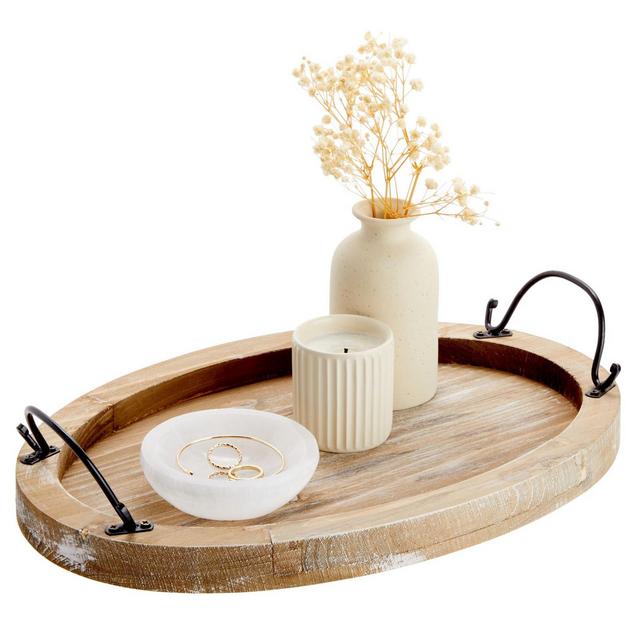 Farmlyn Creek Wood Farmhouse Oval Coffee Table Serving Tray Platter with Handles Brown 15.75 x 10.8 x 1.25 Inches