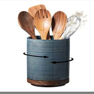 Utensil Holder, 360° Rotating Extra Large Ceramic Kitchen Utensil Holder for Countertop, 7.3“ Cooking Utensil Crocks for Kitchen Counter with Rotatable Wooden Base, Farmhouse Decor, Dusty Blue
