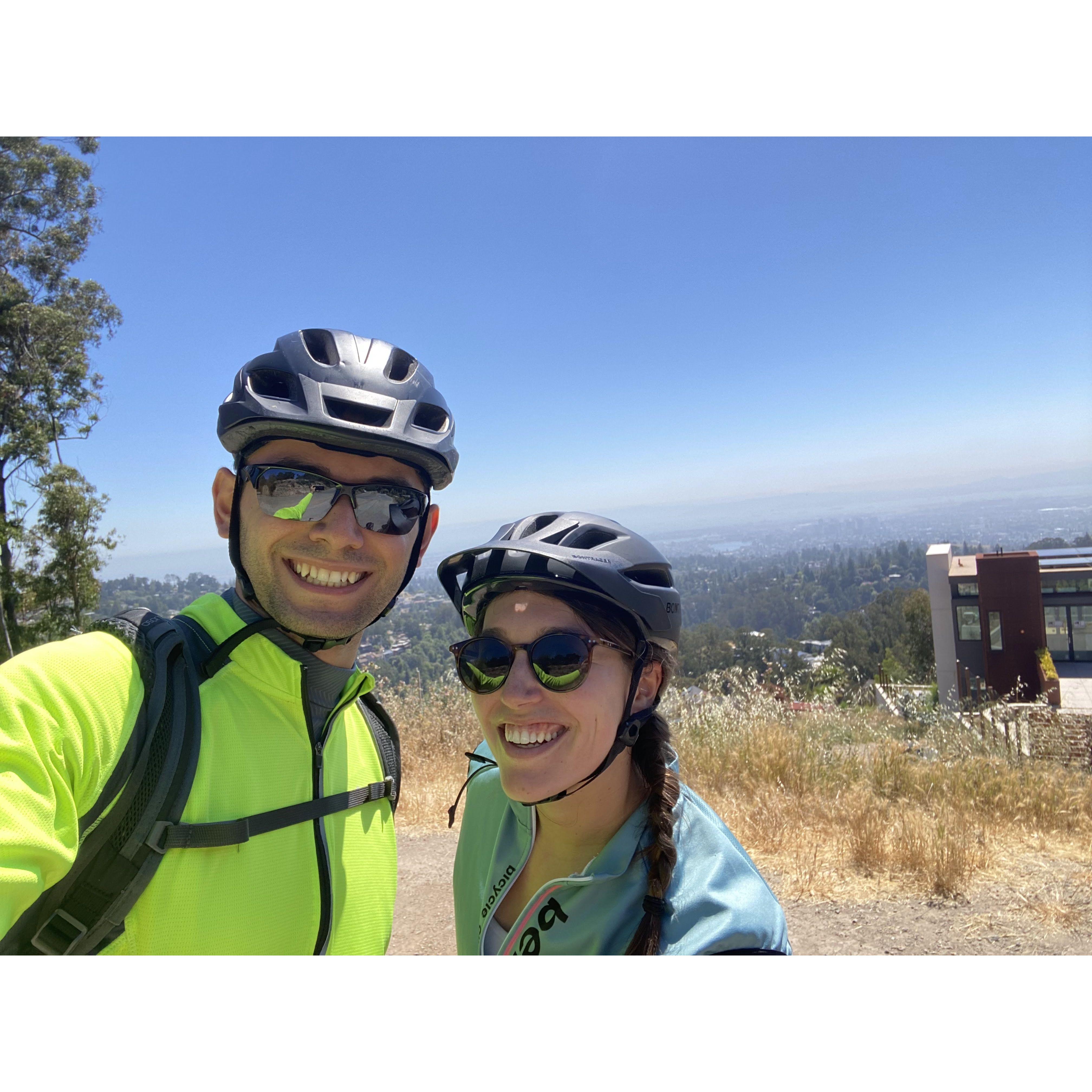 After watching Salwan fall in love with the sport of cycling, Elizabeth decided to get a bike herself to see what the fuss is about. Here they are at Grizzly Peak in the Berkeley Hills.