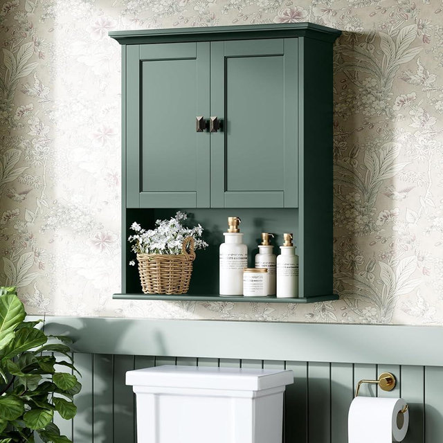 MXARLTR Bathroom Wall Cabinet, Wooden Medicine Cabinet Above Toilet Storage Cabinet with Doors and Adjustable Shelf Wall Mounted Storage Organizer Cabinet Over Toilet Cabinet (Forest Green)