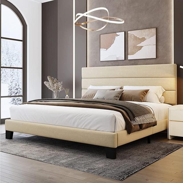 WEEWAY King Bed Frame Platform Bed with Linen Fabric Upholstered Headboard and Wooden Slats Support, Heavy Duty Mattress Foundation, No Box Spring Needed, Easy Assembly, Beige