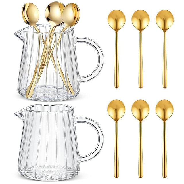 Yiyiring Elegant Wave Coffee Pitcher with 6 Gold Coffee Spoons Set 8.5oz Crystal Glass Creamer Pitcher Borosilicate Drip-free Spout Decorative Parties Gifts for Tea, Dessert, Cake