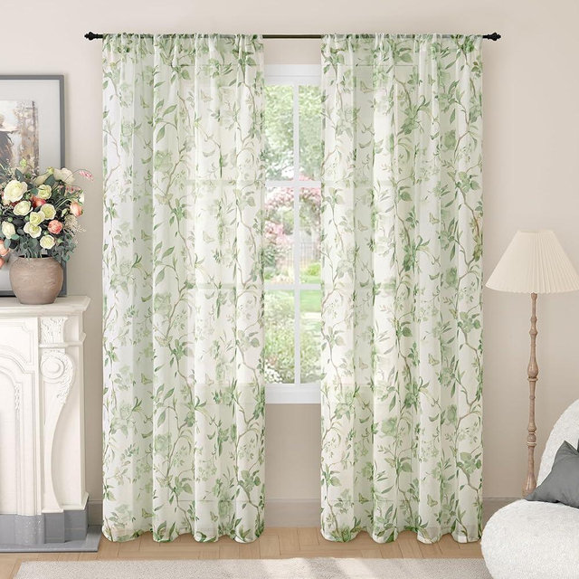 Lajode Sage Green Curtains for Bedroom Sheer, Spring Leaf Vines Patterned Farmhouse Light Filtering Semi Sheer Linen Curtains for Living Room 72 Inch Length 2 Panels Rod Pocket, Each 52 Inch Wide