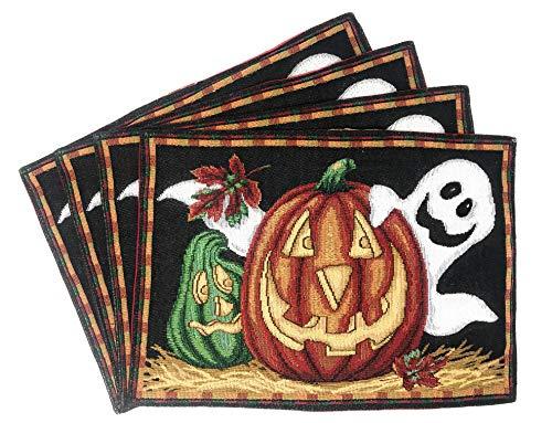 DaDa Bedding Halloween Pumpkin Placemats - Set of 4 Tapestry Jack-o'-Lantern Ghosts - Cotton Linen Woven Dining Table Mats - 13” x 19” (12914)