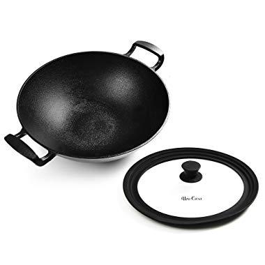 Uno Casa Cast Iron Wok Pan - Flat Bottom Wok with Silicone Lid - 12.5 Inch, 5.2 Q