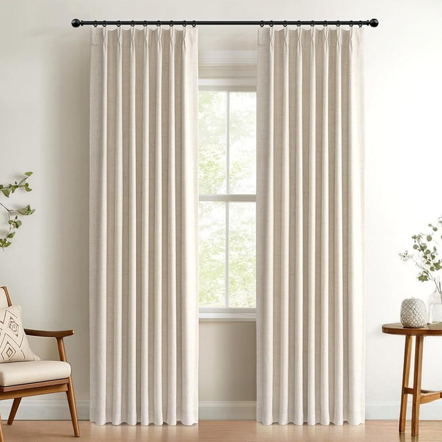 100% Blackout Shield Linen Look Textured Pinch Pleated Curtains Blackout Drapes 84 Inch Long 2 Panels Set, Faux Linen Blackout Curtains for Bedroom & Living Room, 40" W x 84" L, Cream